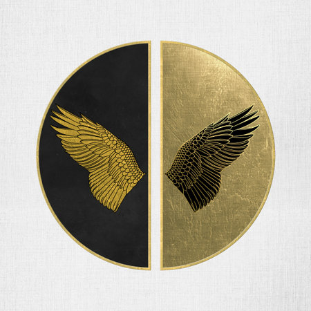 golden emblem with wings on white paper background. 3d renderingの写真素材