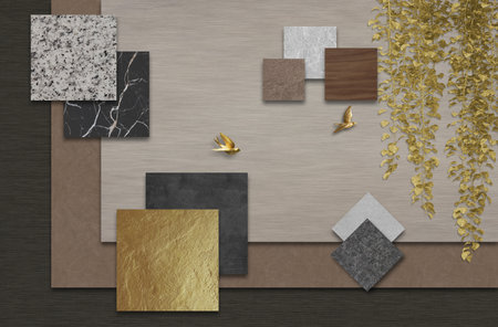 3d illustration of abstract background with geometric shapes and gold confettiの写真素材