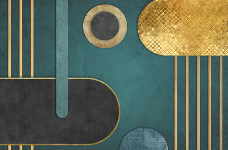 retro background with geometric shapes in blue and gold colors with grunge textureの写真素材