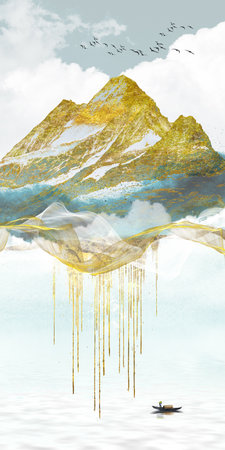 3d rendering of a mountain landscape with a boat in the waterの写真素材