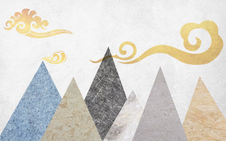 Mountain landscape with gold and silver pattern on paper texture background.の写真素材