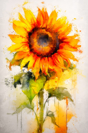 Watercolor painting of sunflower on white paper. Hand drawn illustrationの写真素材