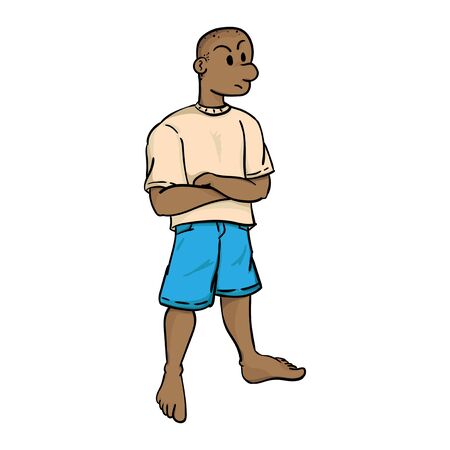 Barefoot boy with his arms crossed. Boy appearing to be angry.のイラスト素材