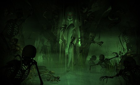 3d illustration of a swamp witch surrounded by undead minionsの写真素材