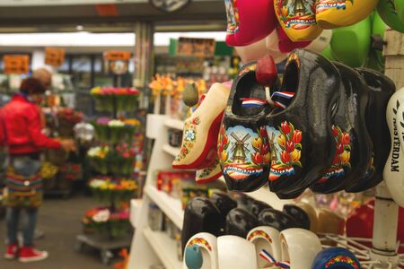 Traditional dutch clogs in a souvenirs shopの写真素材