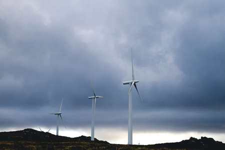 Wind turbines generating clean renewable green energy, environmental concept, copy spaceの写真素材