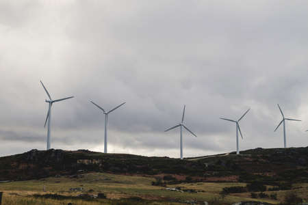 Wind turbines generating clean renewable green energy, environmental concept, copy spaceの写真素材