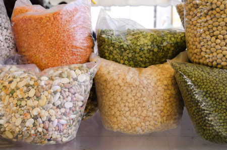 peas, beans and lentils bagsの写真素材