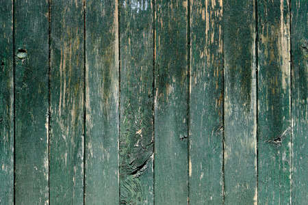 Old rustic wooden planks wall with dark green peeling paint, grunge background or textureの写真素材