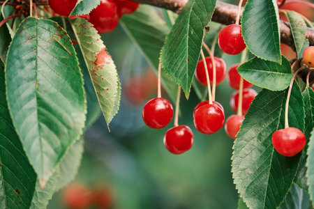 Fresh and sweet cherries ripening in the cherry tree