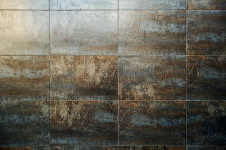 Modern distressed tiled wall with oxidized effect and grunge textureの写真素材