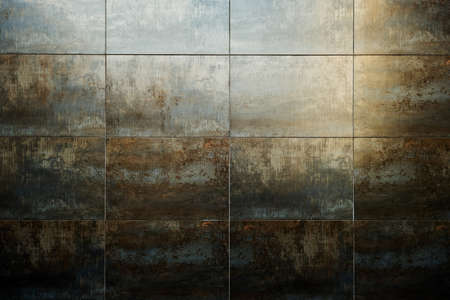 Modern distressed tiled wall with oxidized effect and grunge textureの写真素材
