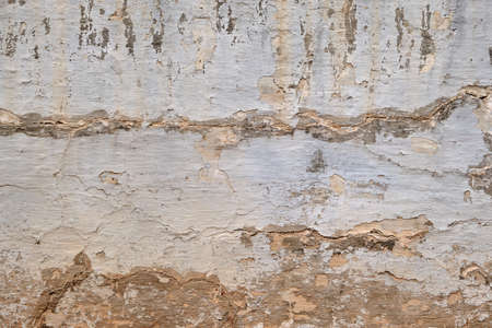 Old ruin limewashed white wall with peeling plaster, grunge background or textureの写真素材