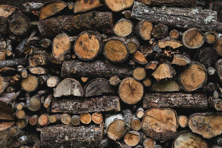 Dry chopped firewood stacked in a wood pile, hi res stock photoの写真素材