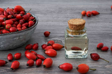 Dog rose (Rosa Canina) red rosehip oil extract and natural red fruits on a bowlの写真素材