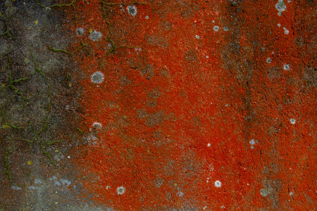 Old distressed red wall with damp, grunge textured background