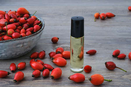 Dog rose (Rosa Canina) red hips oil extract and natural red fruits on a bowlの写真素材