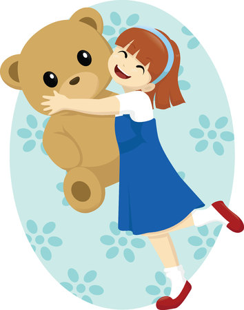 girl happily hugging big teddy bearのイラスト素材