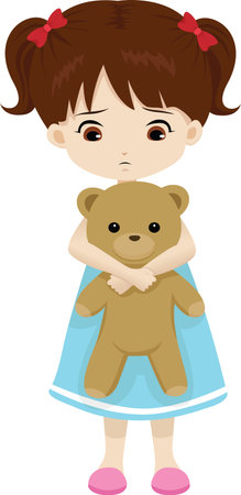 sad little girl holding a teddy bearのイラスト素材