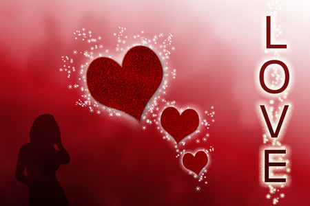 illustration of shiny red hearts surrounded by magical stars on a red gradient background with a feminine silhouette for lovers of valentine's dayの写真素材