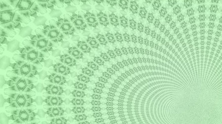 An intricate green geometric spiral pattern with a kaleidoscopic effect, creating a mesmerizing visual experience. The design features repetitive star shapes and circular elements,の写真素材