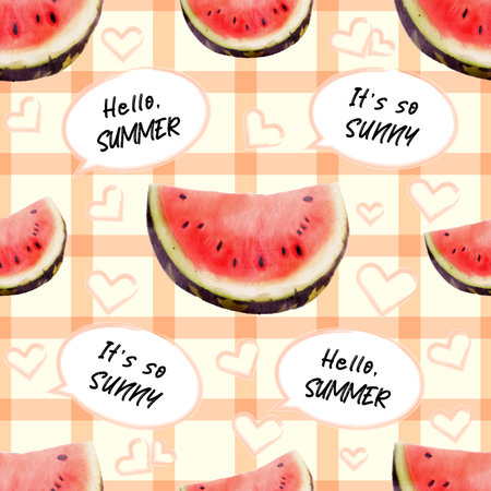A seamless pattern featuring watercolor illustrations of watermelon slices, paired with playful text. Perfect for use in summer-themed projects.の写真素材