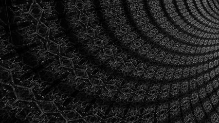 This striking image features an intricate black geometric pattern with a mesmerizing radial design. The repeating hexagonal and circular shapes create a complex, almost hypnotic efの写真素材