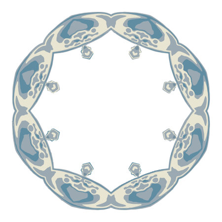 Round floral kaleidoscope frame. Geometric floral motifs. Blue, gray and beige color palette. Isolated on a white background. For wedding, birthday, digital projects, photo frame.のイラスト素材