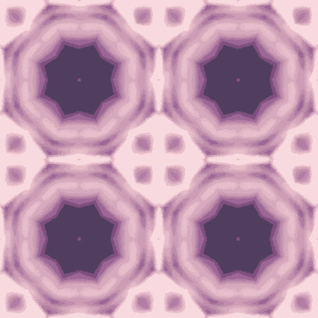 Symmetrical elegant kaleidoscope-like pattern. Dominated by soft purple hues. Calming and serene atmosphere. Repeating and mirrored geometric shapes. Octagons and squares form intrのイラスト素材