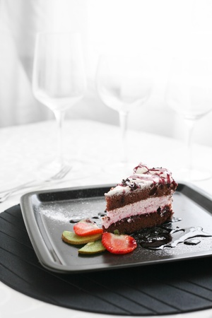 Piece of cake on black plateの写真素材