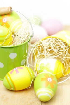 Easter eggs in little buckets の写真素材