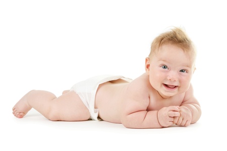 Adorable baby boy crawling isolated on whiteの写真素材