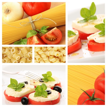 Italian pasta, mozzarella and tomatoes collageの写真素材