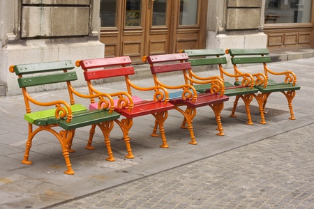 Small colorful benches in Ljubljana, Europeの写真素材