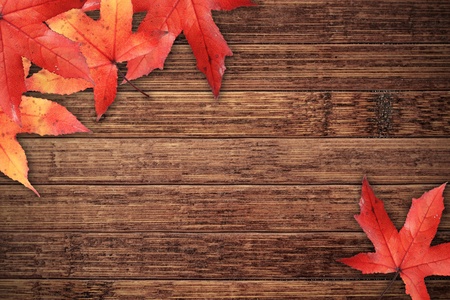 Autumn leaves on wooden backgroundの写真素材