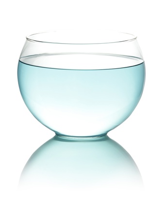 Blue toned water in fishbowl isolated on whiteの写真素材