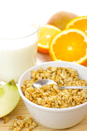 Cereals with fresh milk and fruitの写真素材