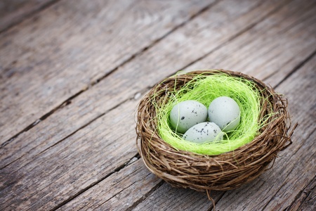 Three little eggs in bird nest on wooden tableの写真素材