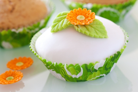 Beautiful  cupcake decorated with flower and leavesの写真素材