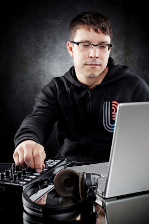 DJ posing in studioの写真素材