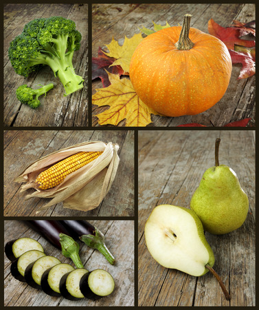 Autumn crops on old wooden tableの写真素材