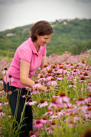 Real farmer woman in coneflower fieldの写真素材