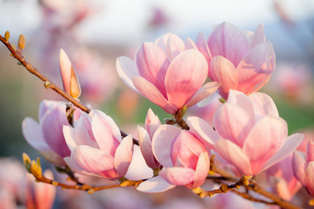 Beautiful magnolia blossom in evening sunの写真素材
