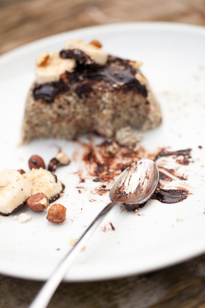 Healthy paleo mug cake with dark chocolate, banana and hazelnutsの写真素材
