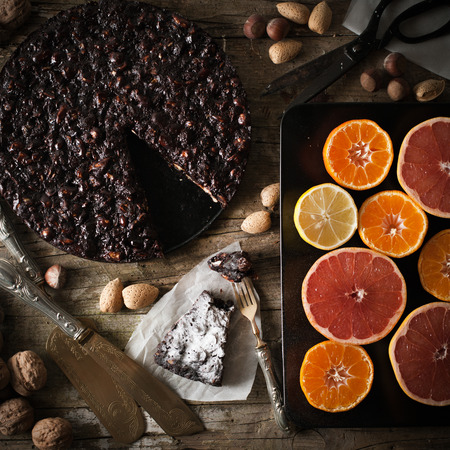 Top view of panpepato typical tuscan dessertの写真素材