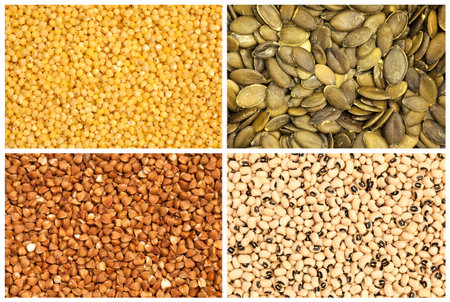 Buckwheat, millet, pumpkin seed and black eyed beansの写真素材