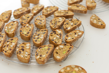 Cantuccini with pistachios, almonds and raisins coolingの写真素材