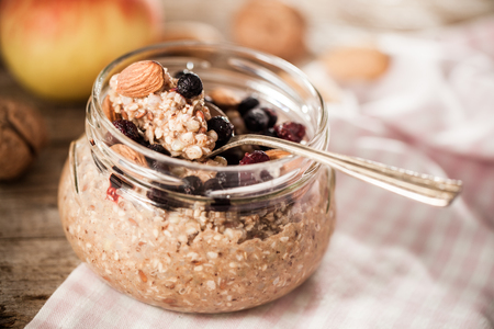 Vegan buckwheat porridge with apple and almondsの写真素材