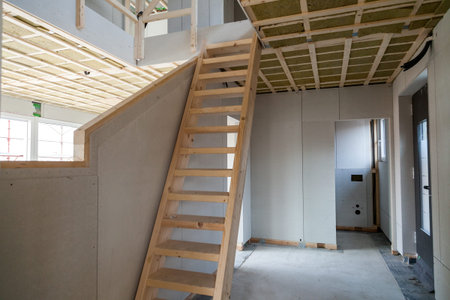 Interior of unfinished prefabricated wooden houseの写真素材