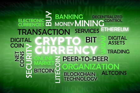 Cryptocurrency cloud tags with most words about itの写真素材